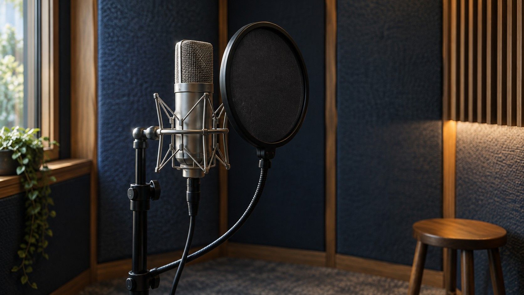 A microphone and pop filter in a recording booth