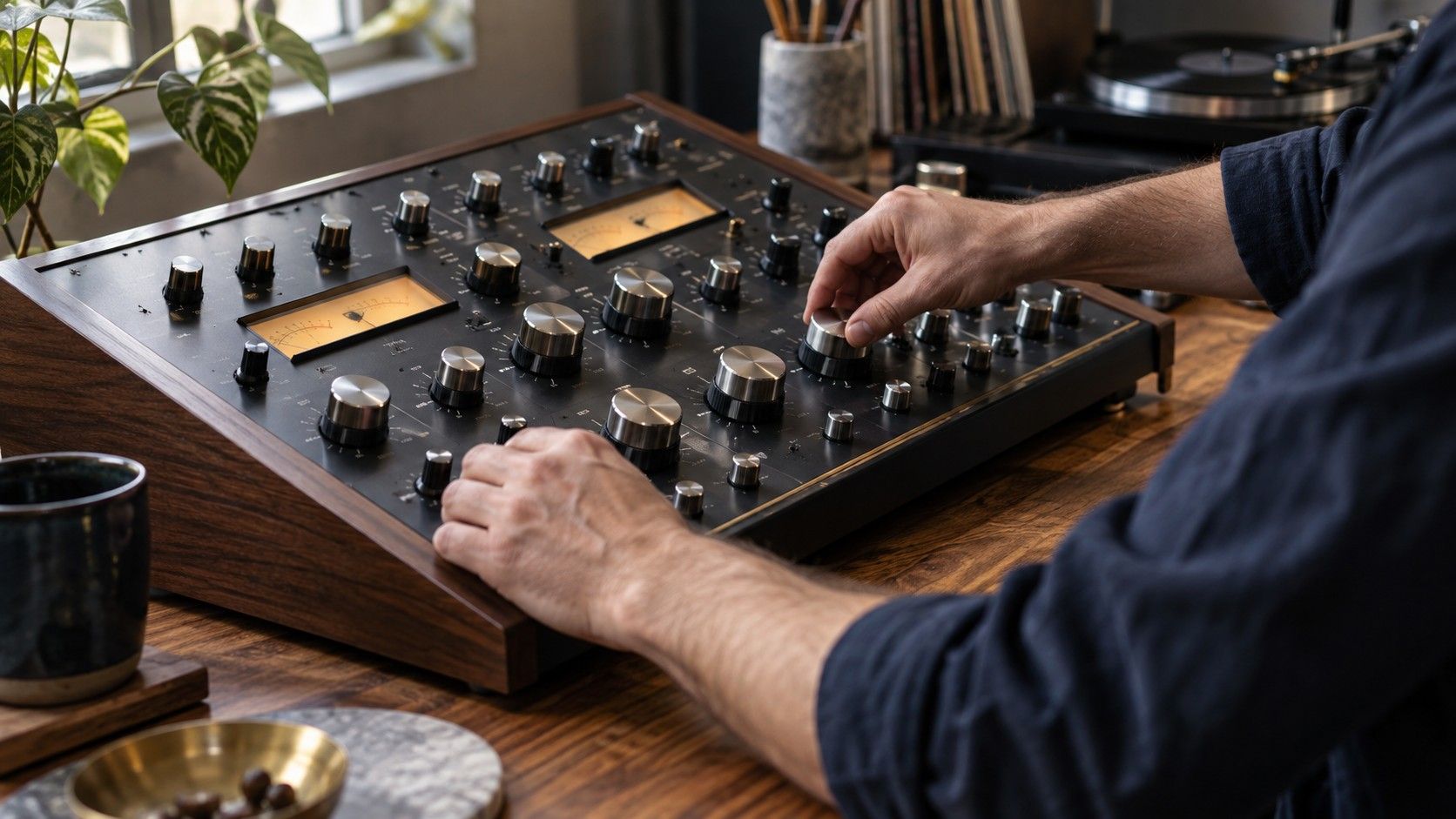 Hands operating a mastering console