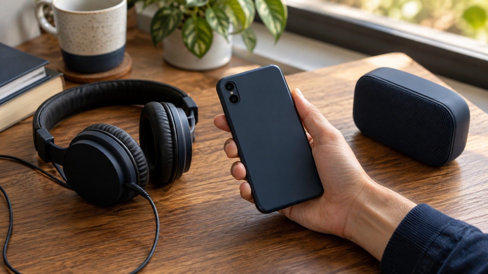 A phone beside headphones and a portable speaker