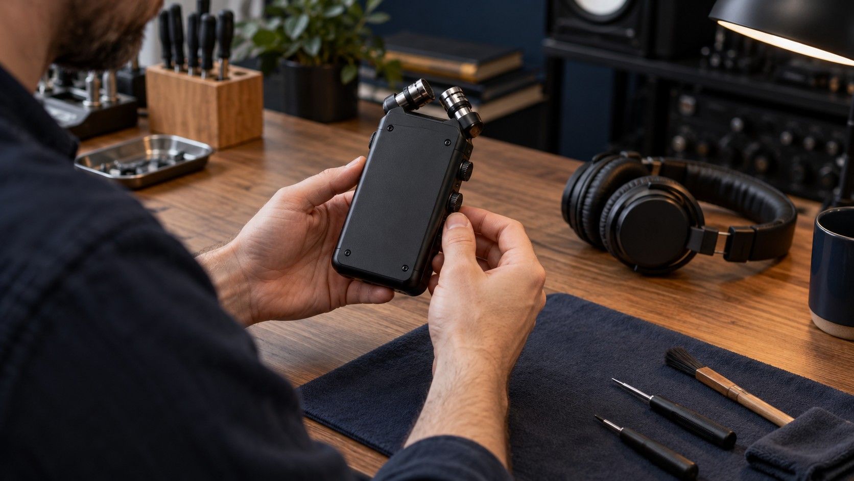 An audio recorder beside closed headphones
