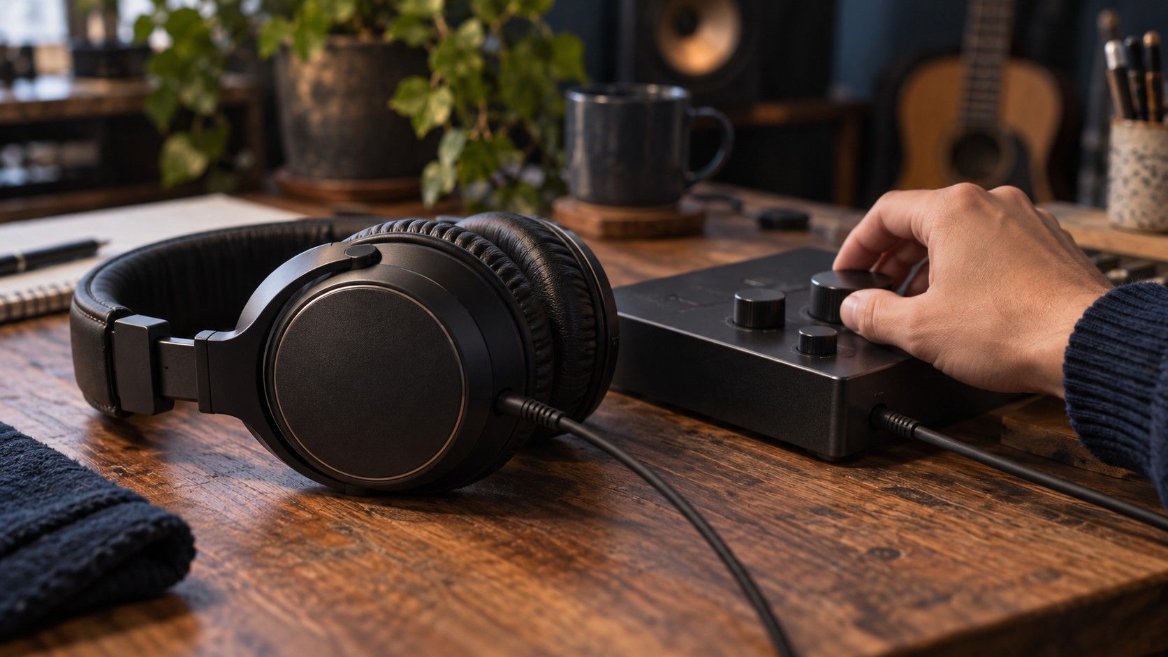 Headphones beside an audio controller on a wooden desk