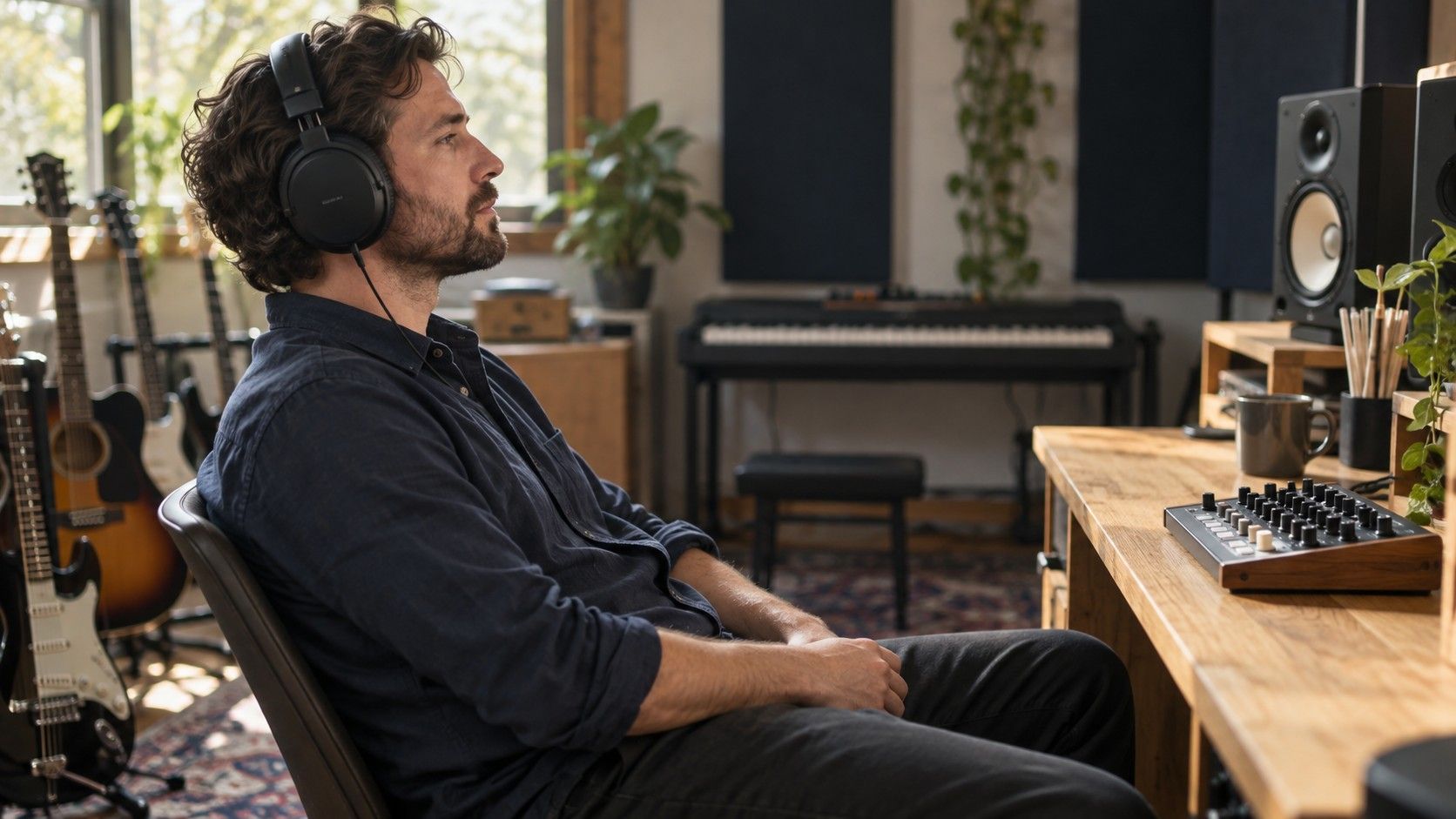 An engineer listening on headphones