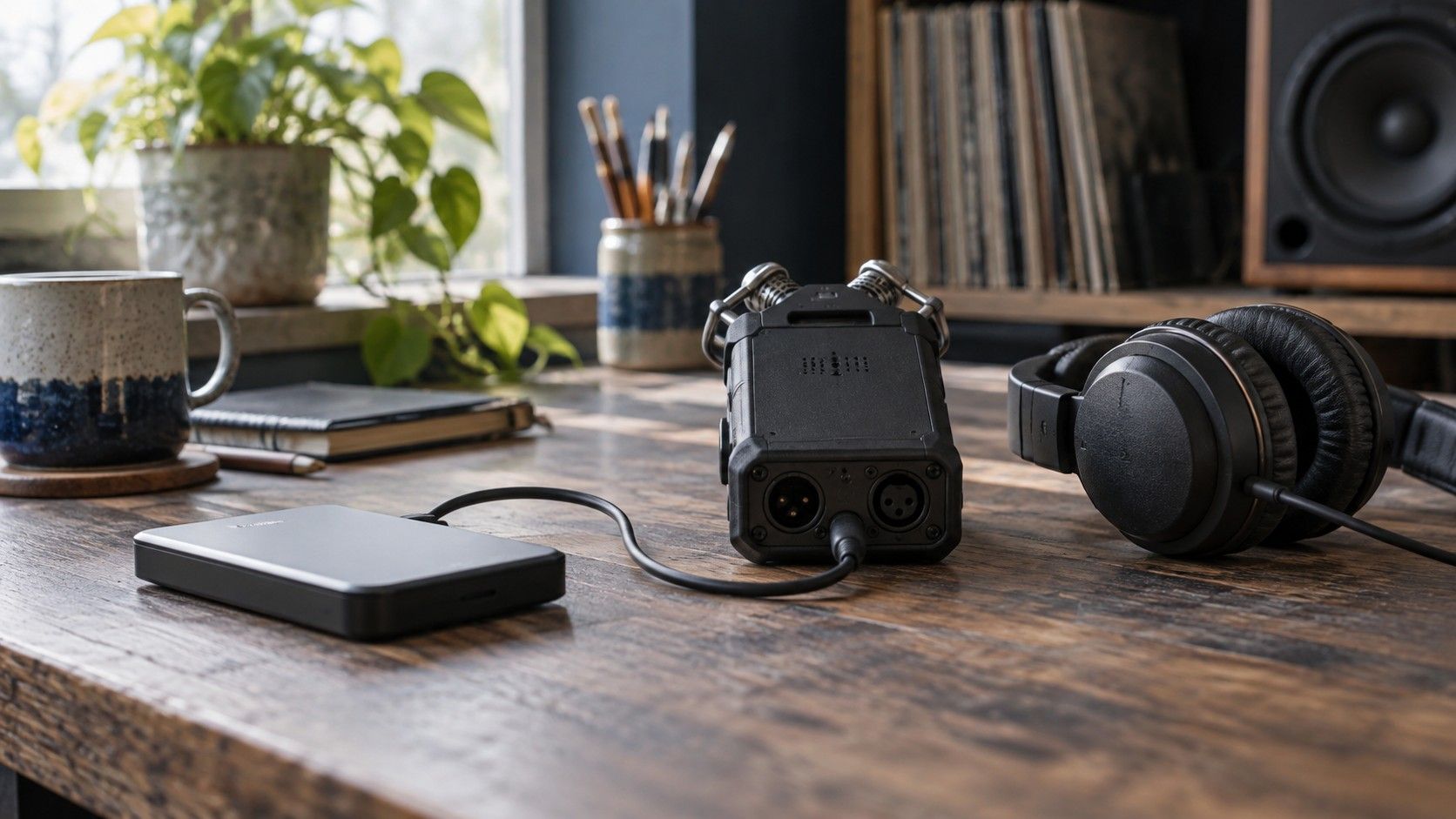 A hard drive and audio recorder beside headphones