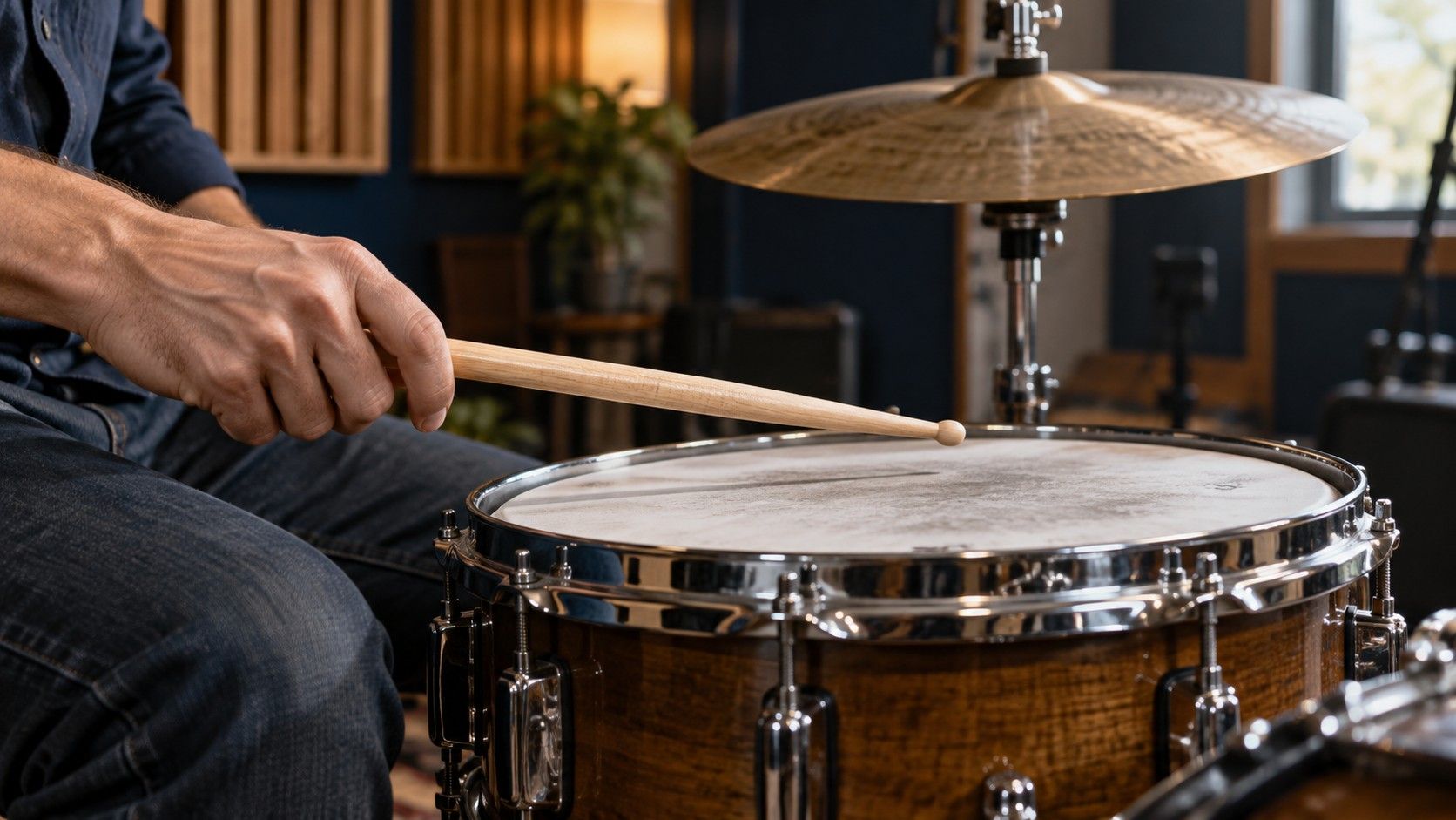 A drumstick above a snare drum and cymbal