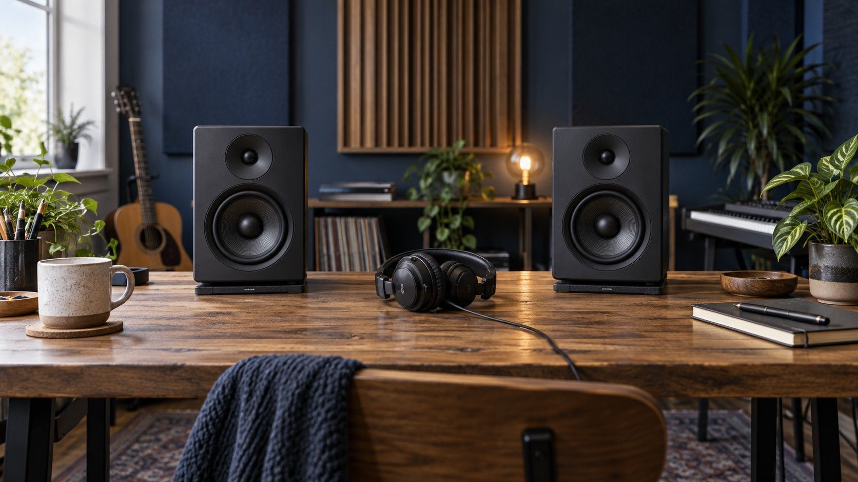 Studio speakers and headphones on a desk