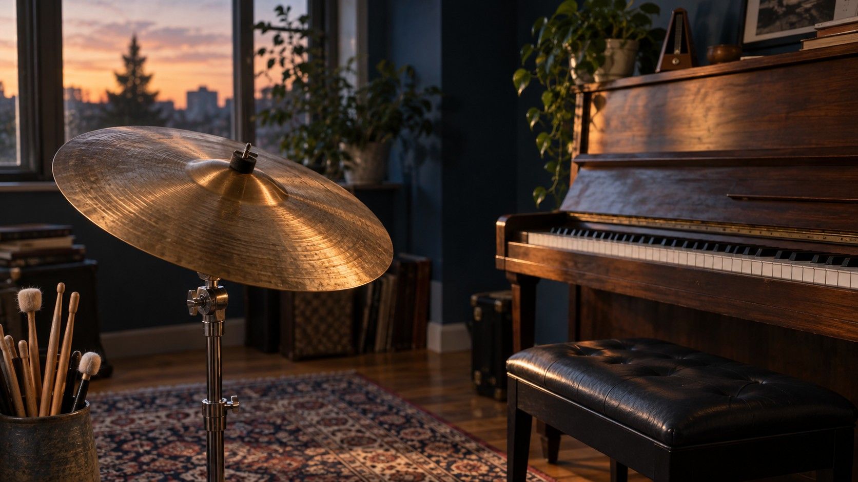 A bronze cymbal beside an upright piano