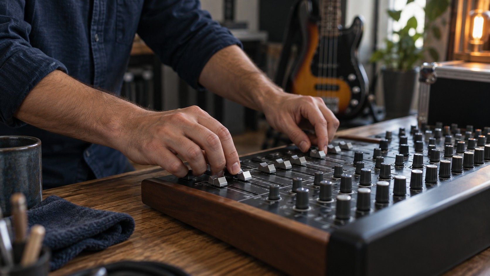An engineer adjusting a mixing console