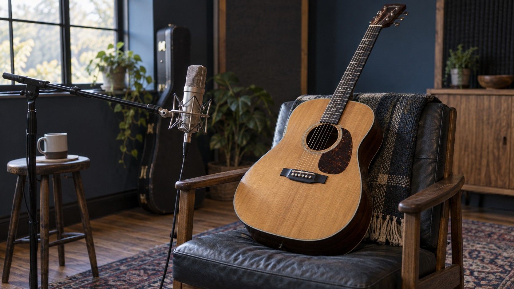 An acoustic guitar beside a studio microphone